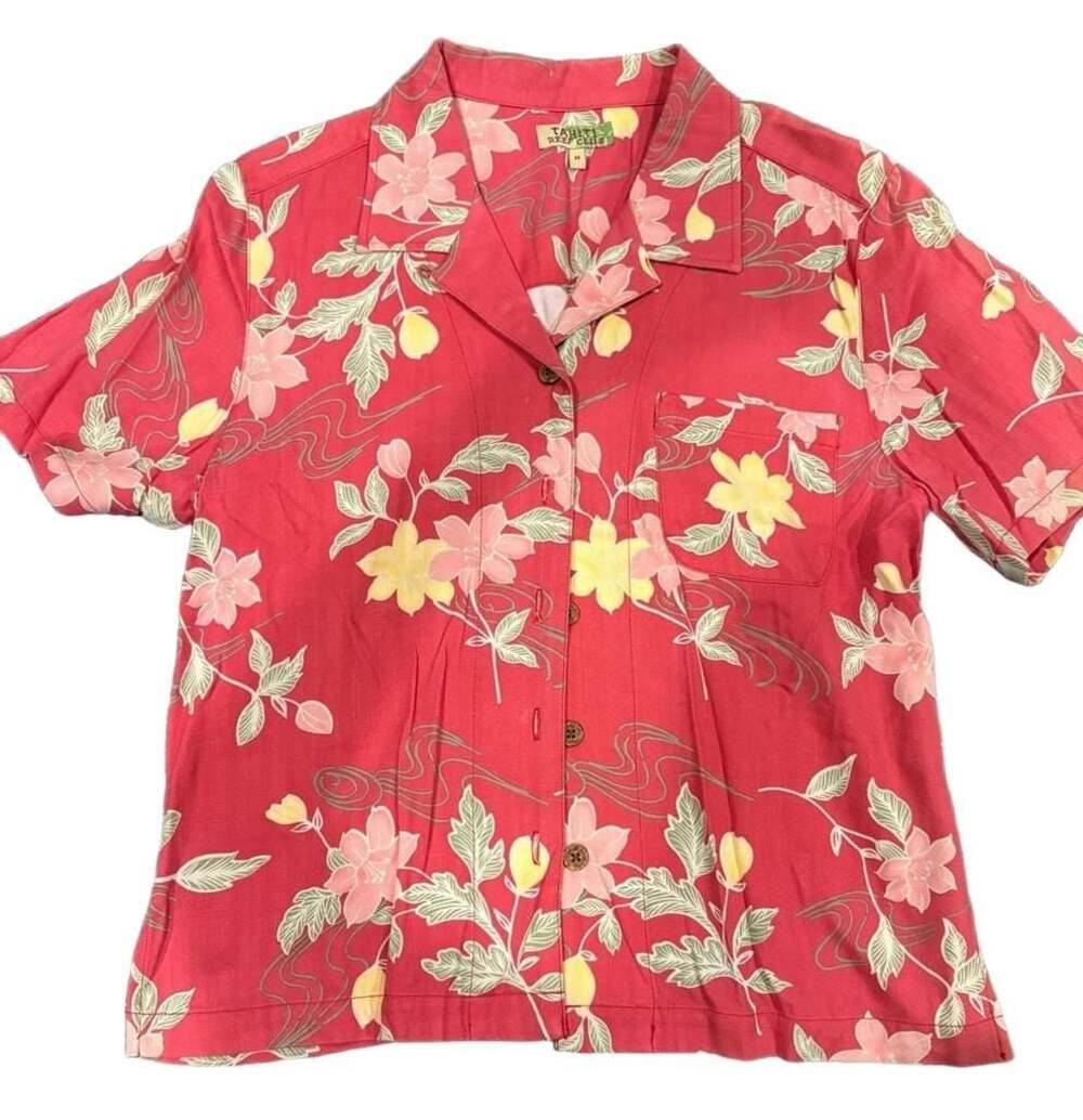 Tahiti Reef Club Pink Floral Rayon Short Sleeve Button-Up Shirt Style 5299